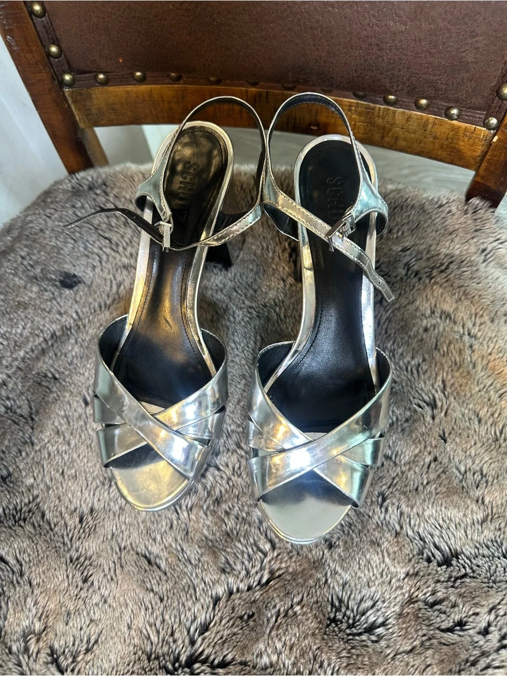 SCHUTZ KEEFA Heels Metallic Silver Disco Strappy Size 10B